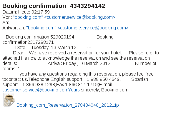 Screen shot of booking confirmation message 