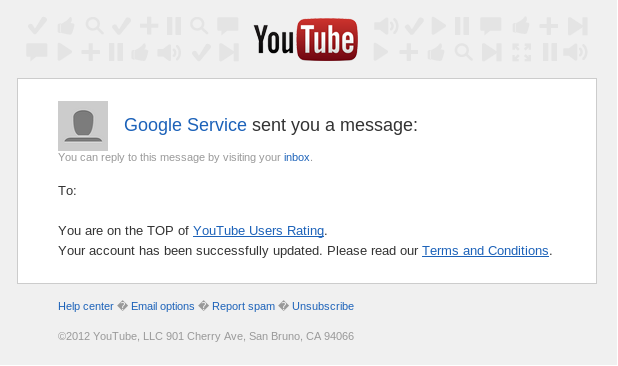 Google Service has sent you a message: Welcome to the TOP of YouTube Users Rating