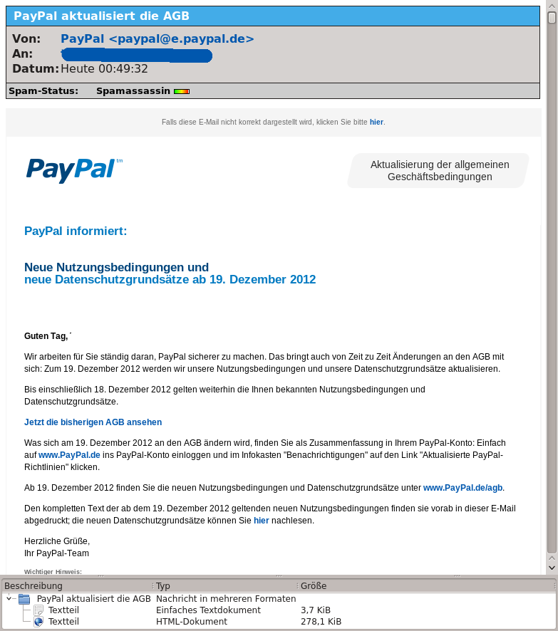 Screen Shot der Paypal E-Mail zur Ankündigung neuer AGB