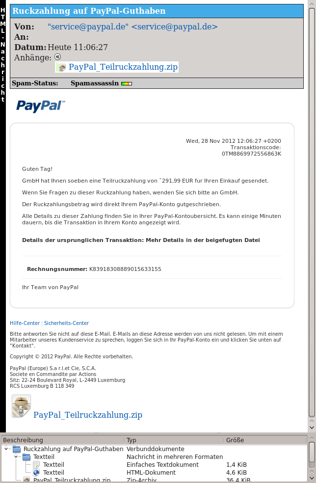 Spam: PayPal_Teilruckzahlung
